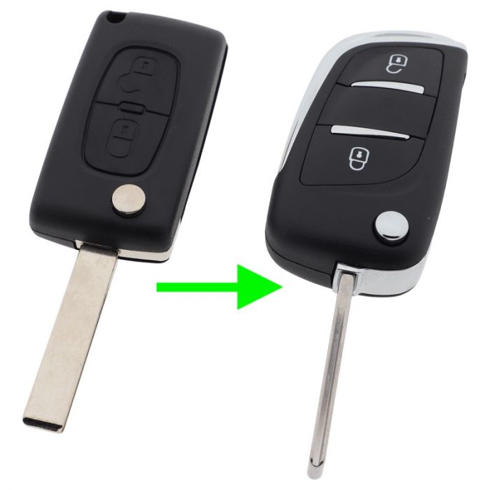 Peugeot 2-button folding key - key blade straight with notch side - battery in housing (conversion kit) main product photo